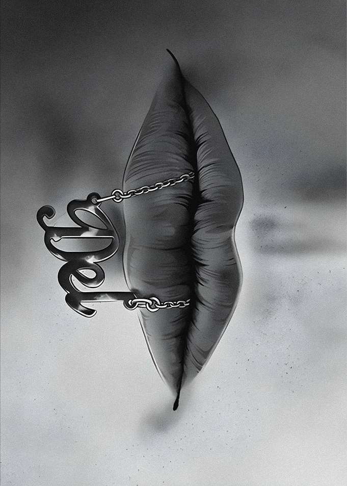 Lips Chained with Word 'Lie' Artwork