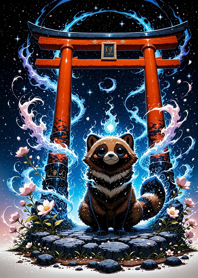 Tanuki at Torii Gate with Cherry Blossom Sakura Japan