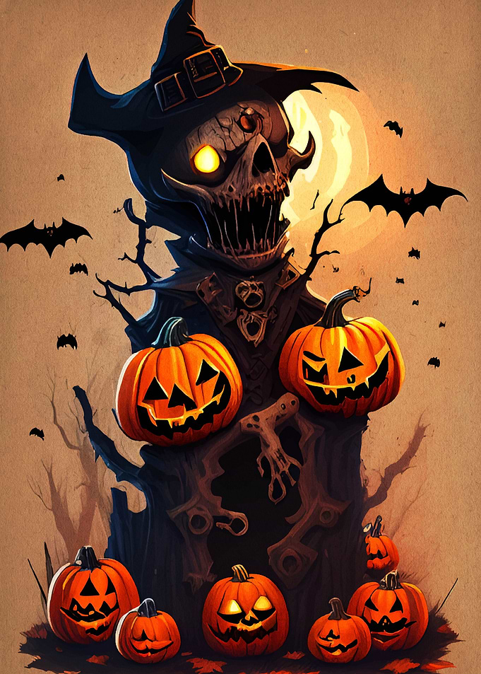 Halloween Scarecrow with Pumpkins and Bats