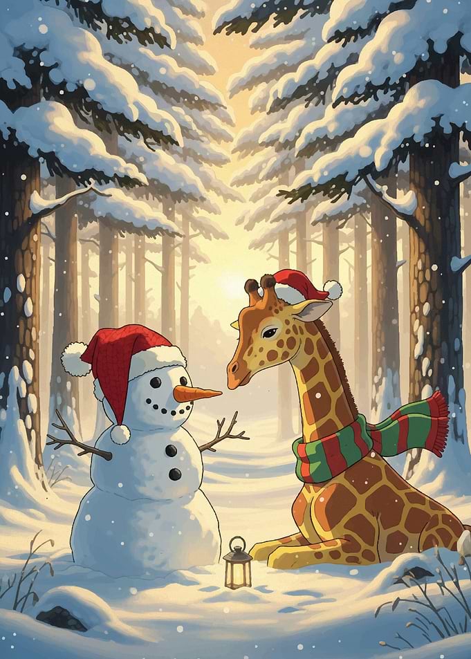 Giraffe and Snowman in Winter Forest