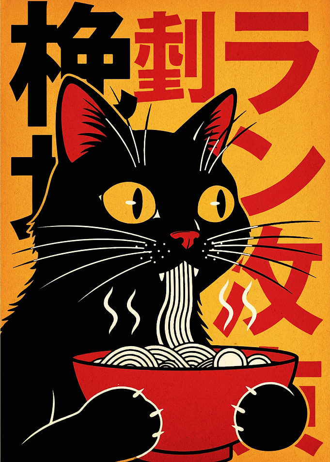 Black Cat Eating Ramen Illustration