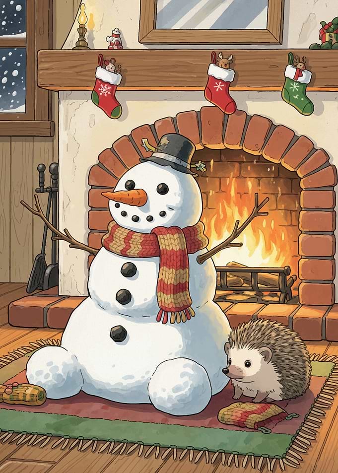 Cozy Christmas Scene with Snowman and Hedgehog