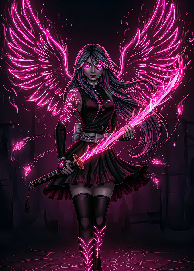 Neon Angel Warrior with Katana