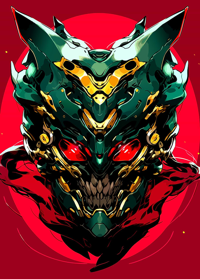 Mecha Demon Head with Red Eyes