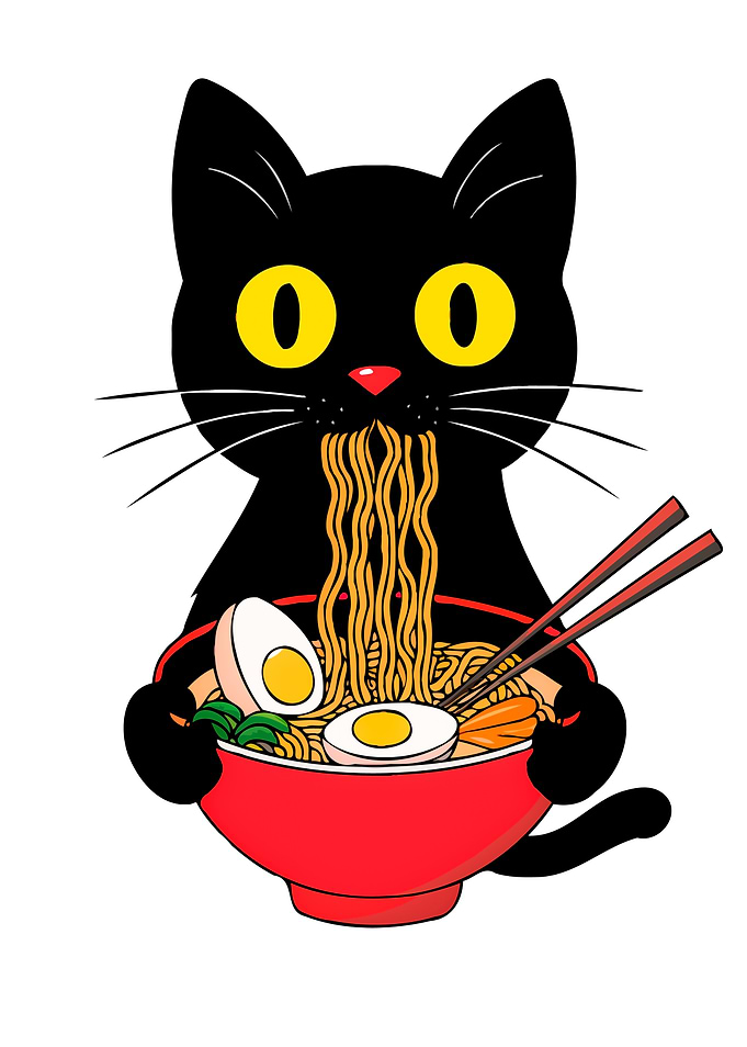 Black Cat Eating Ramen. Funny Kawaii Japanese Style