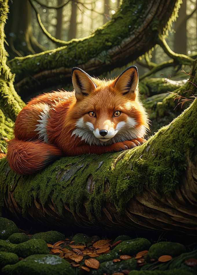 Resting Red Fox on a Mossy Log — Cute Forest Animal Illustration