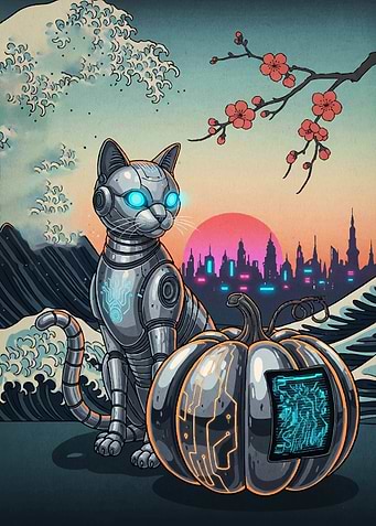 Cyberpunk Cat Pumpkin Ukiyo-e