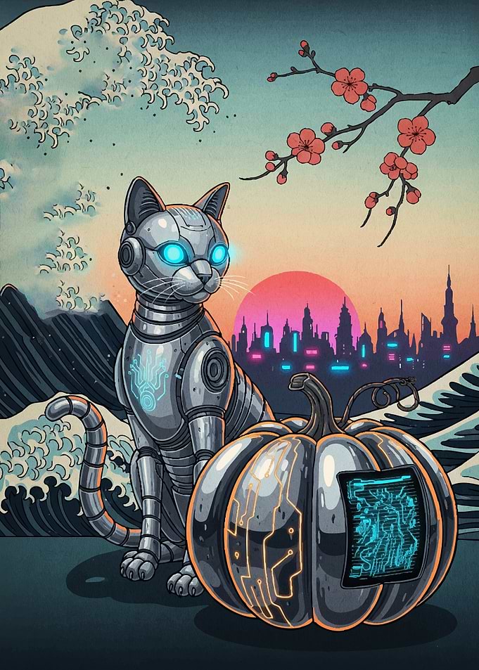 Cyberpunk Cat Pumpkin Ukiyo-e