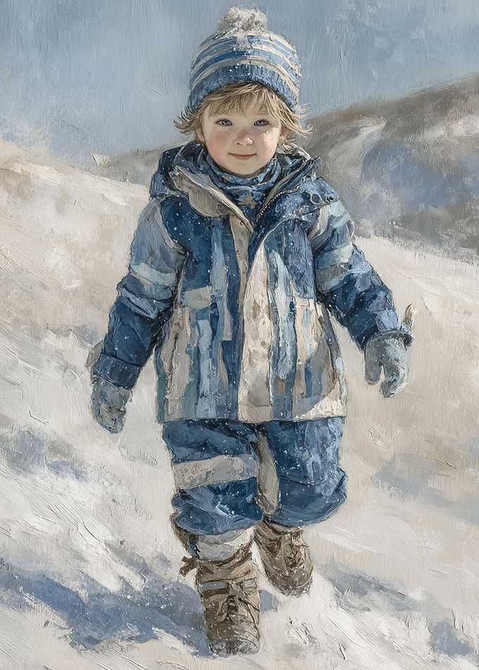 Child in Winter Snowscape Painting