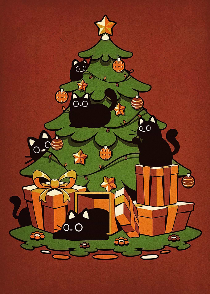 Christmas Cats and Tree Illustration