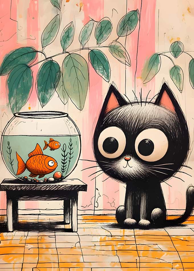 Cartoon Cat with Goldfish Bowl