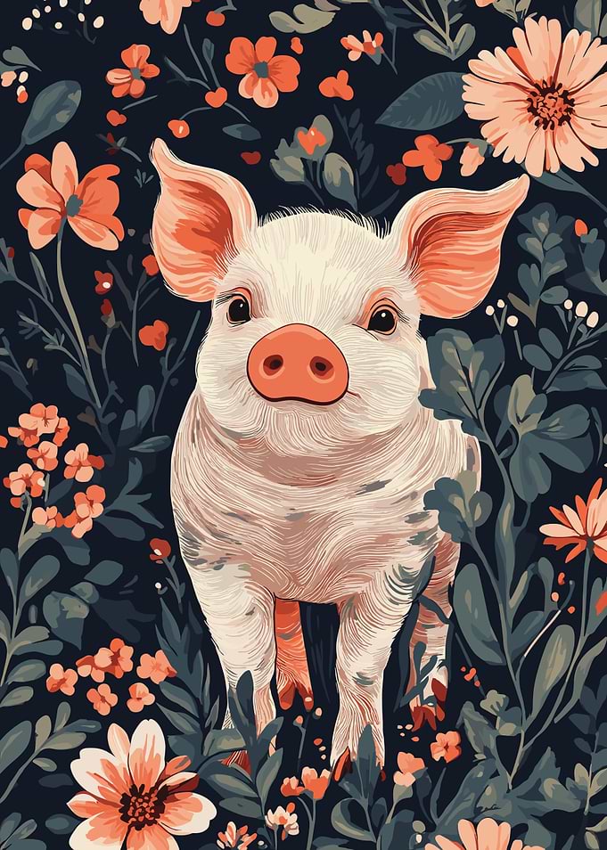 Piglet in Floral Garden Illustration