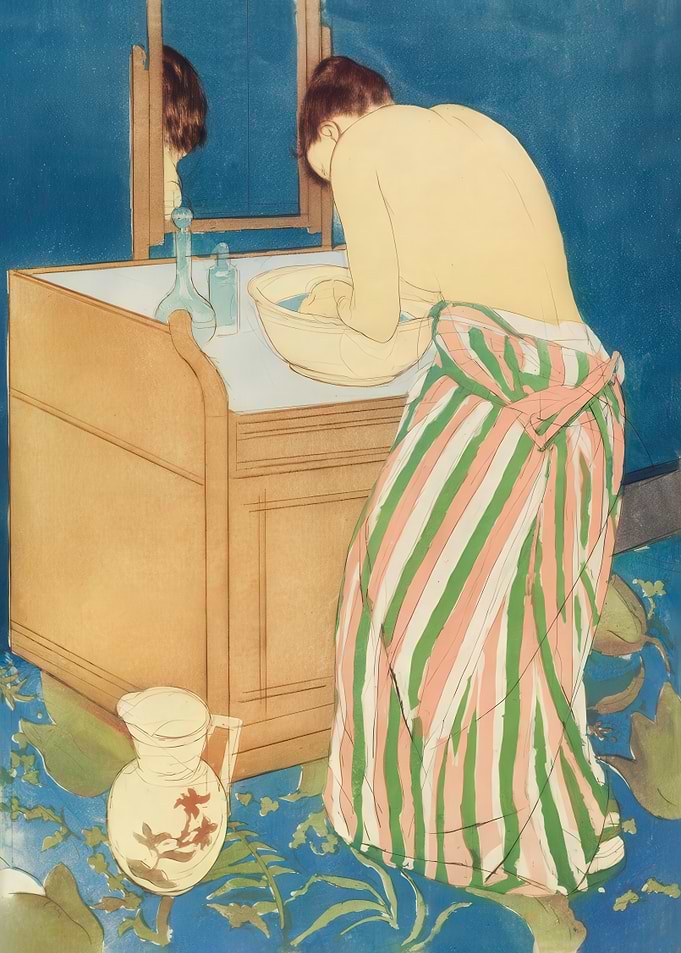 Woman Washing in Bathroom, Art Print