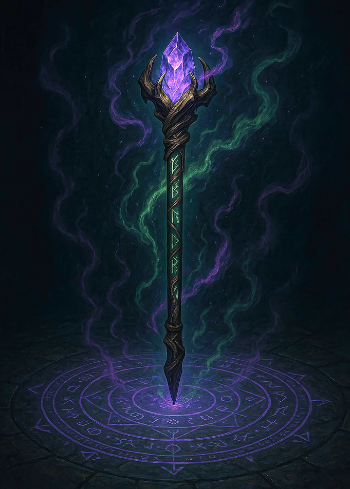 Mystical Staff with Crystal and Runes