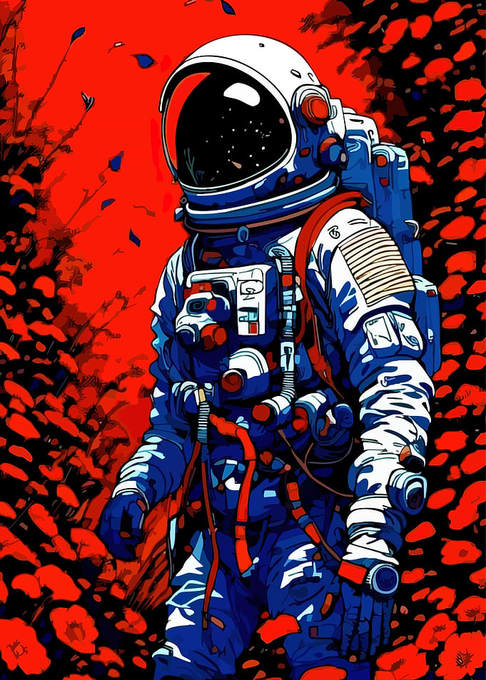 Astronaut in Red Floral Landscape