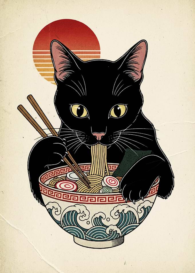 Black Cat Eating Ramen Illustration