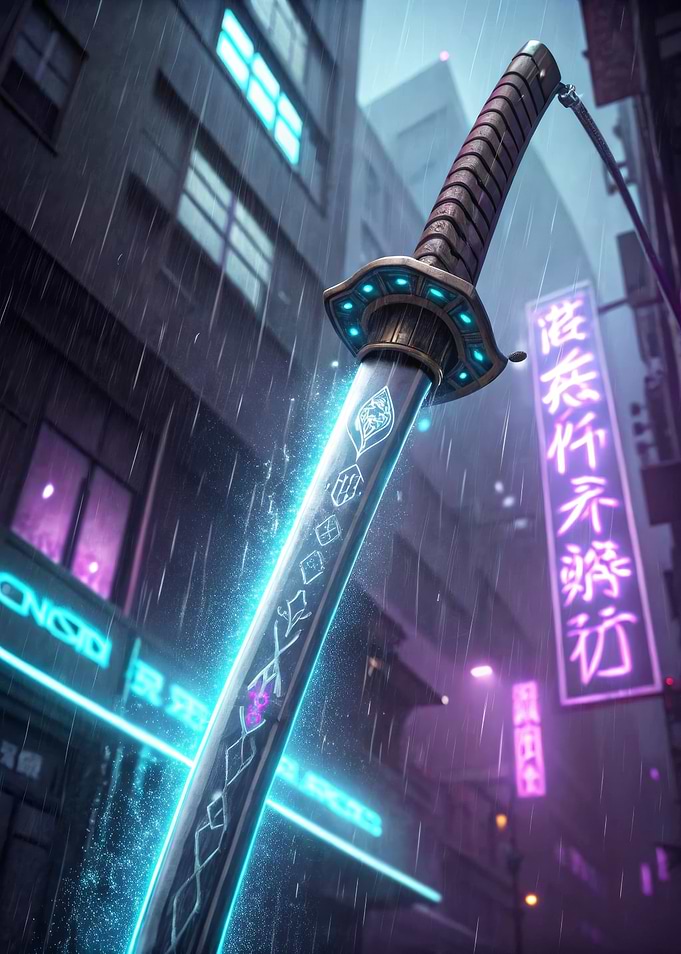 Cyberpunk Katana in Rainy Cityscape
