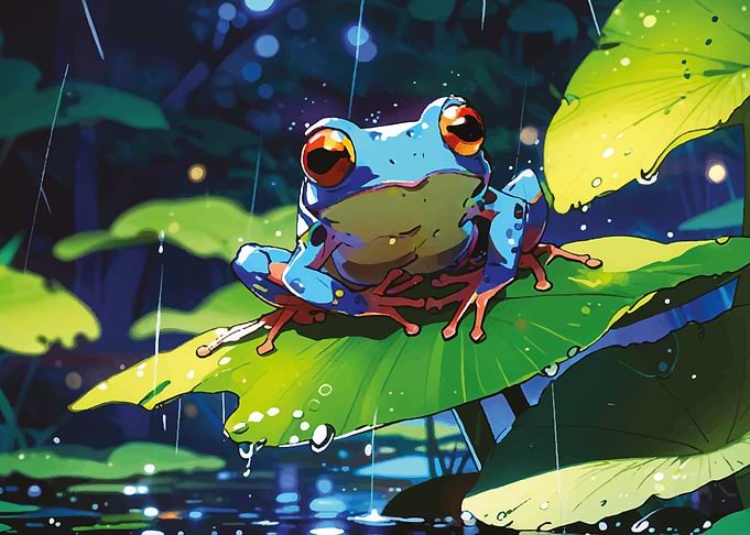 Colorful Frog on Lily Pad in Rain