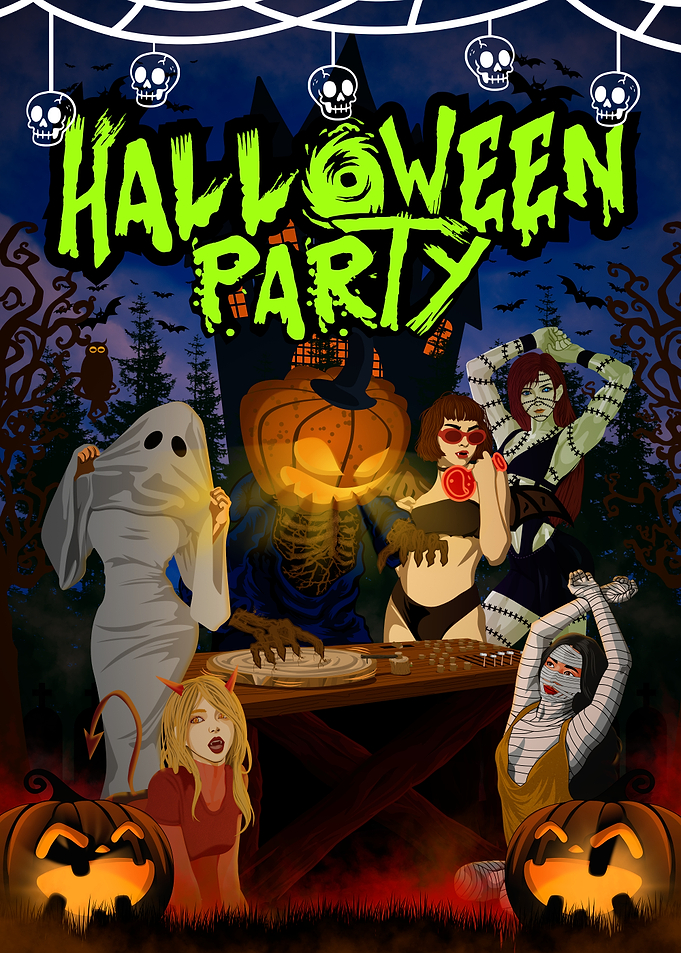 Halloween Party with Monsters and Pumpkins