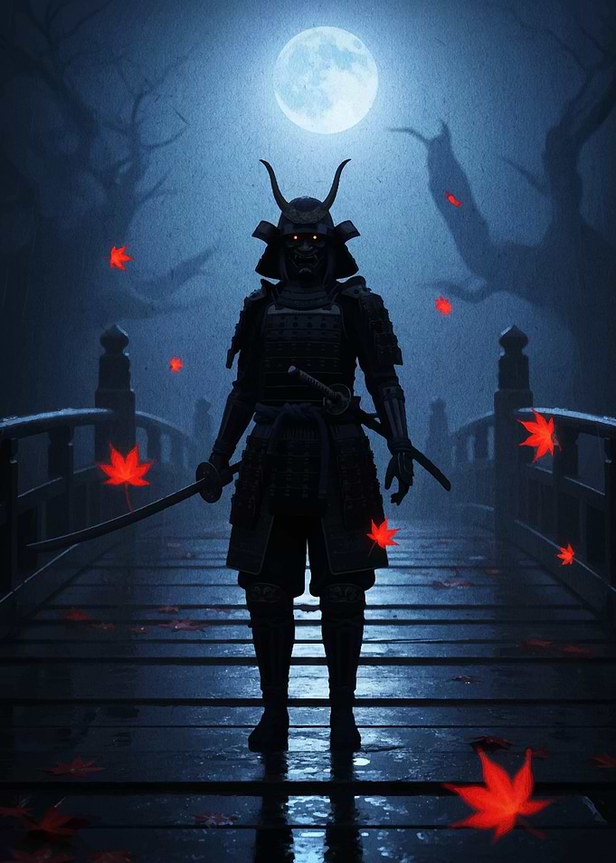 Samurai Warrior on Bridge Under Moonlight