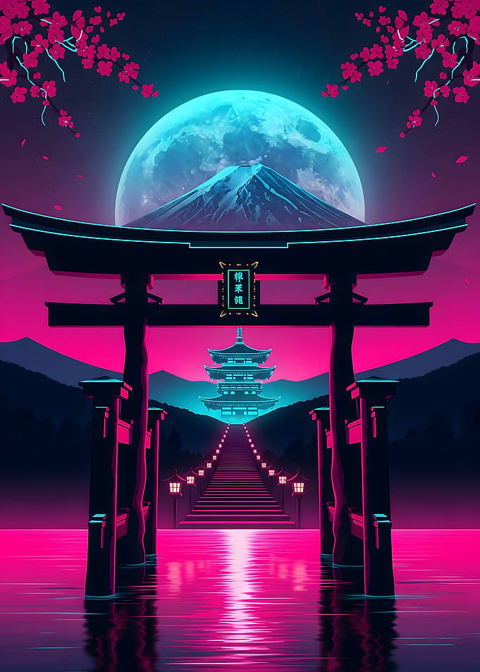 Japanese Aesthetes Neon Japanese Landscape with Torii Gate