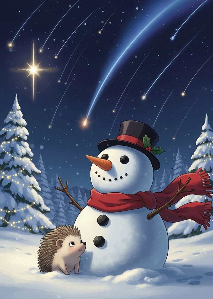 Snowman and Hedgehog under Shooting Stars