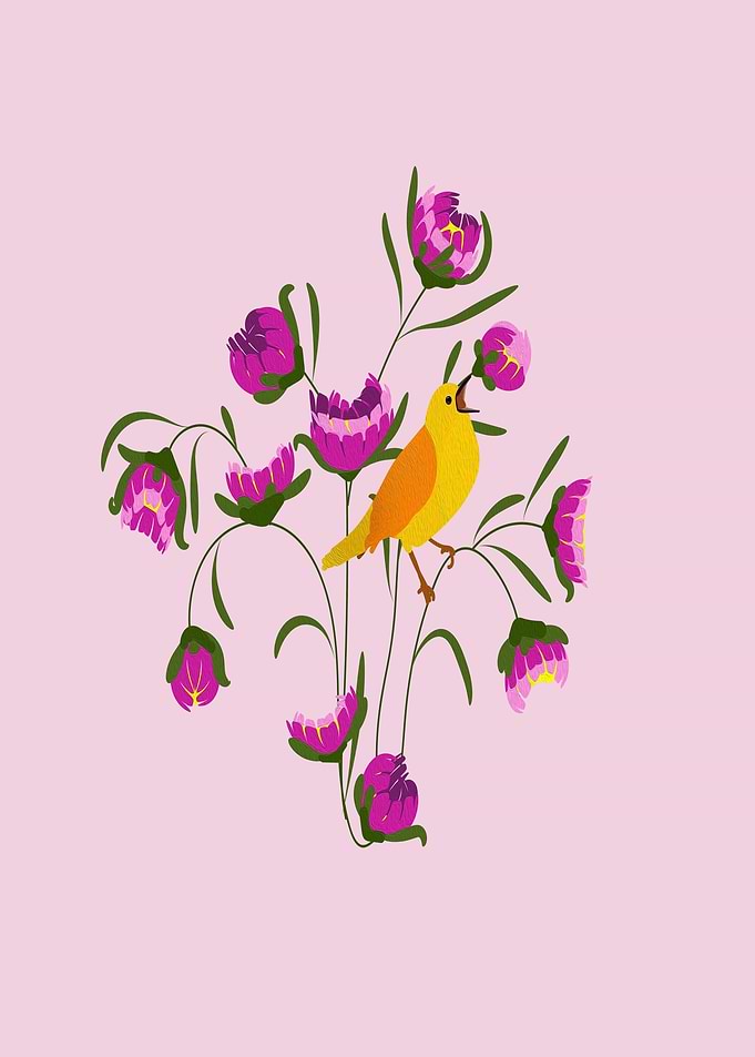 Bird and Flowers on Pink Background
