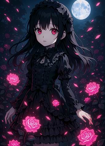 Anime Girl in Rose Garden at Night