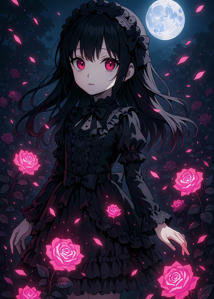 Anime Girl in Rose Garden at Night