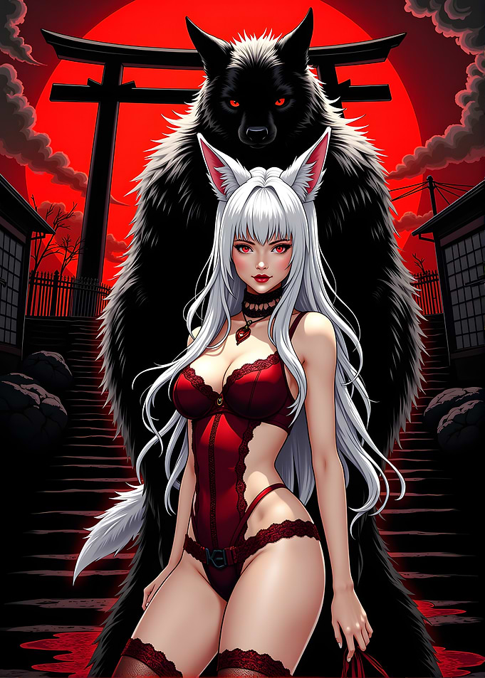 Anime Girl with Wolf and Red Moon