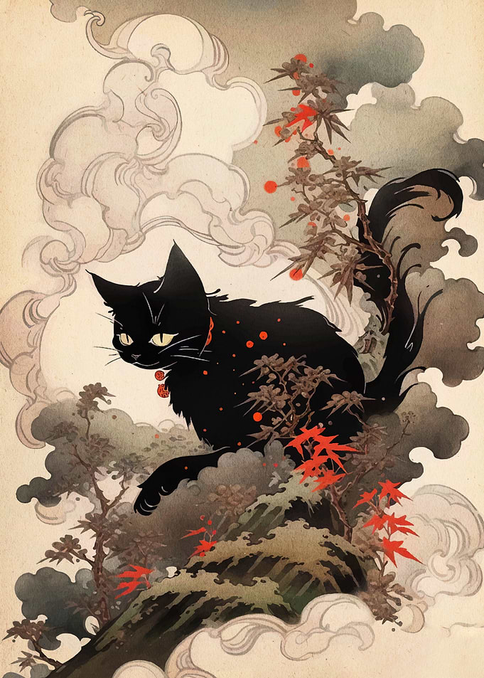 Black Cat in Japanese Art Style