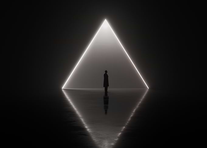 Neon Triangle Portal with Figure