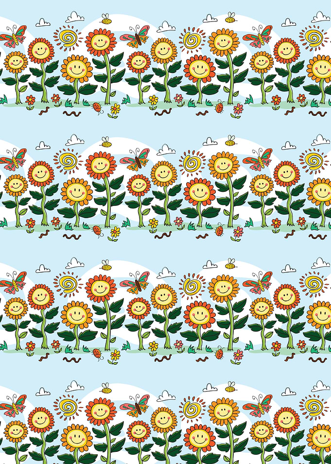 Cartoon Sunflower Pattern with Butterflies