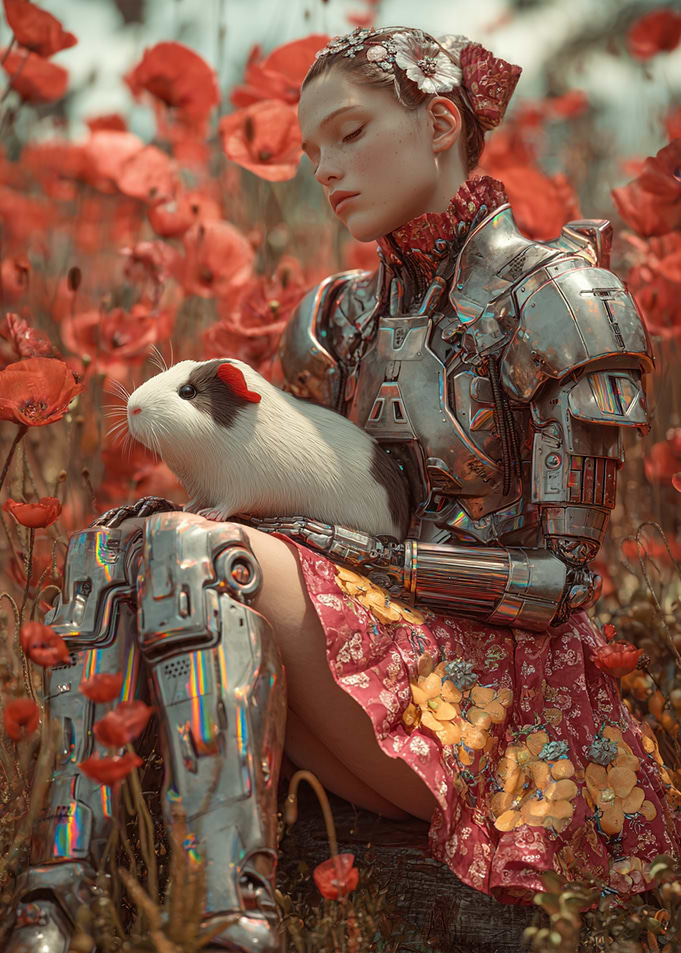 Cyborg Girl with Guinea Pig in Poppies