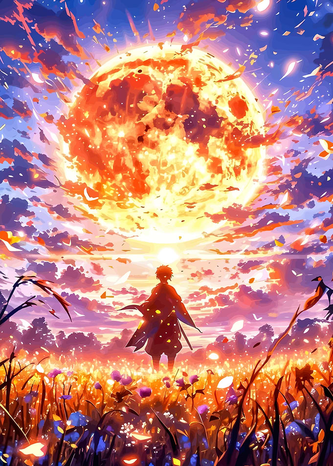 Anime Character Silhouette Under Fiery Sky