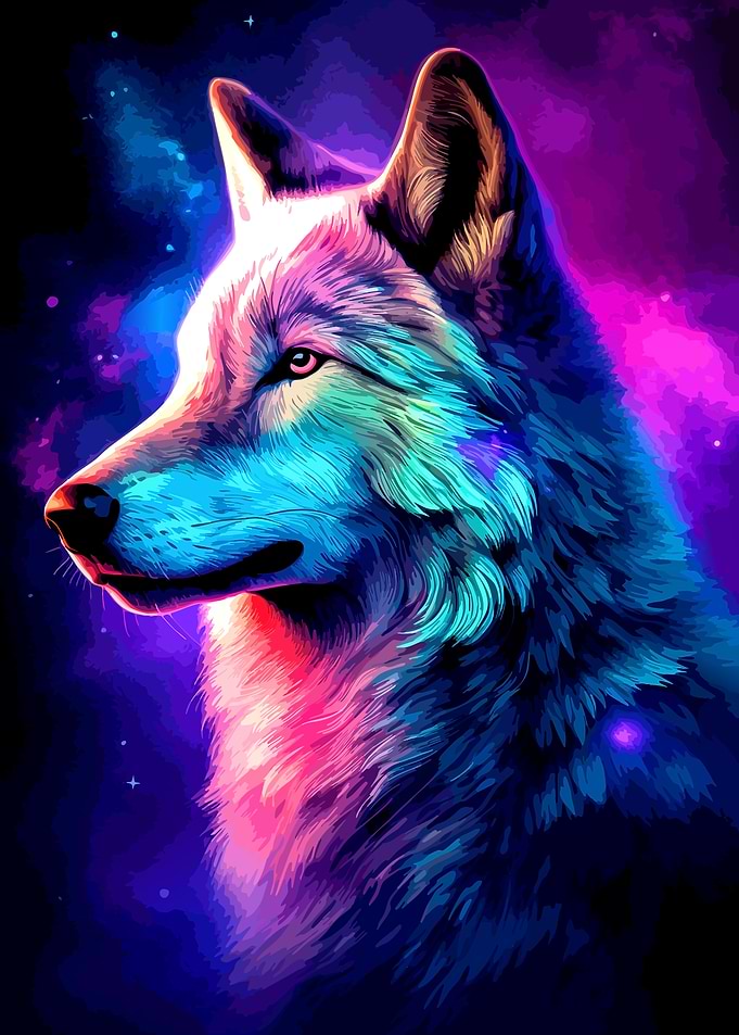 Colorful Wolf Portrait with Cosmic Background