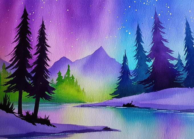 Watercolor Landscape with Trees and Mountains