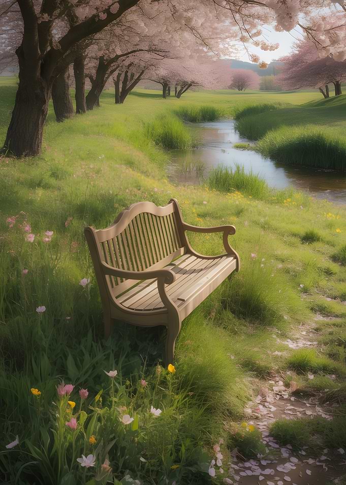 Park Bench by River with Cherry Blossoms