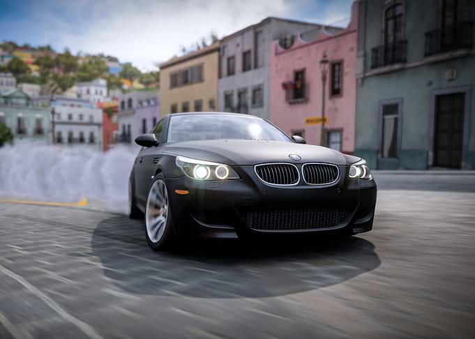Black BMW Drifting in Cityscape