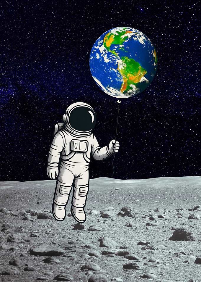 Floating Astronaut Holding Earth Balloon on the Moon