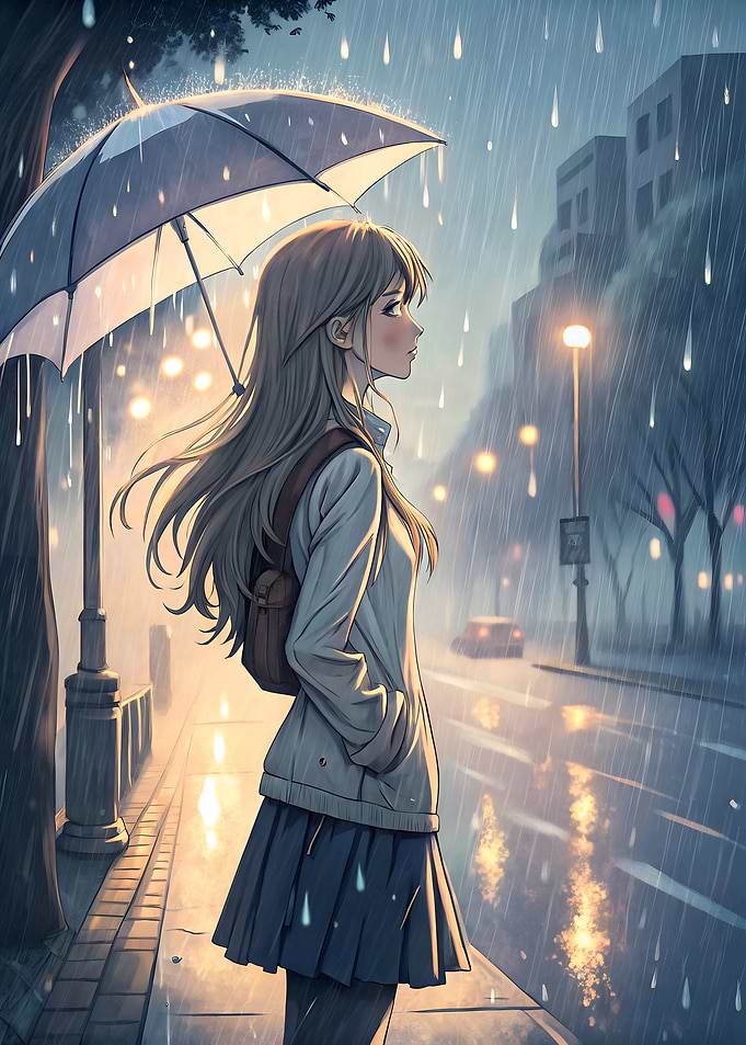 Anime Girl in Rain with Umbrella