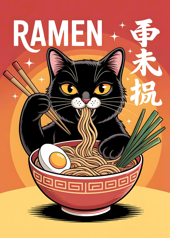 Cat Eating Ramen Illustration