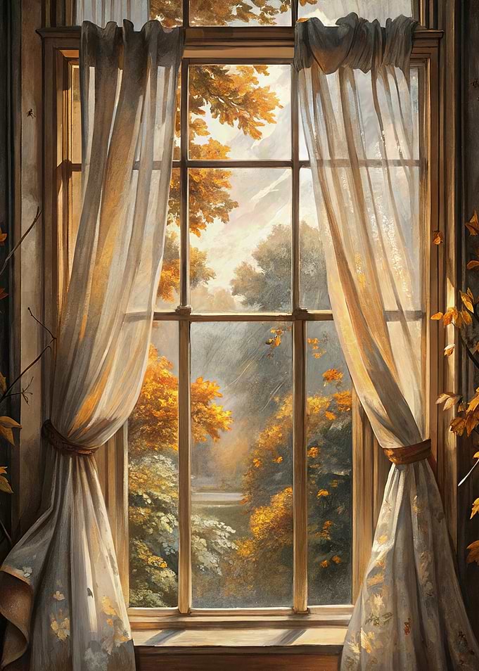 Autumn View Through Window with Curtains