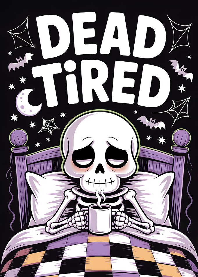 Dead Tired Skeleton with Coffee