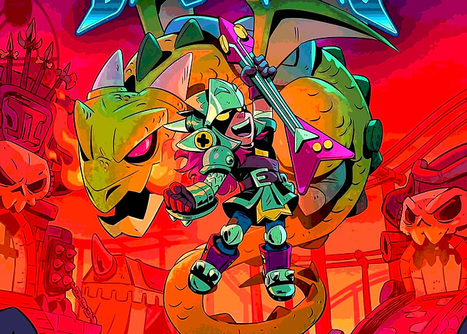 Cartoon Warrior with Dragon and Guitar