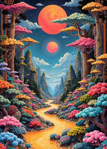 Colorful Asian Landscape with River and Moon