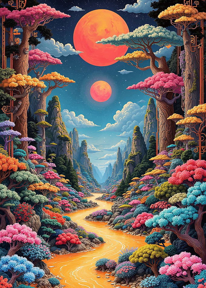 Colorful Asian Landscape with River and Moon