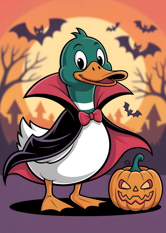 Duck in Vampire Costume with Pumpkin