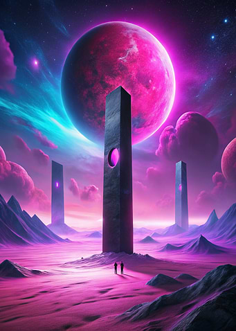 Monoliths on Alien Planet with Pink Moon