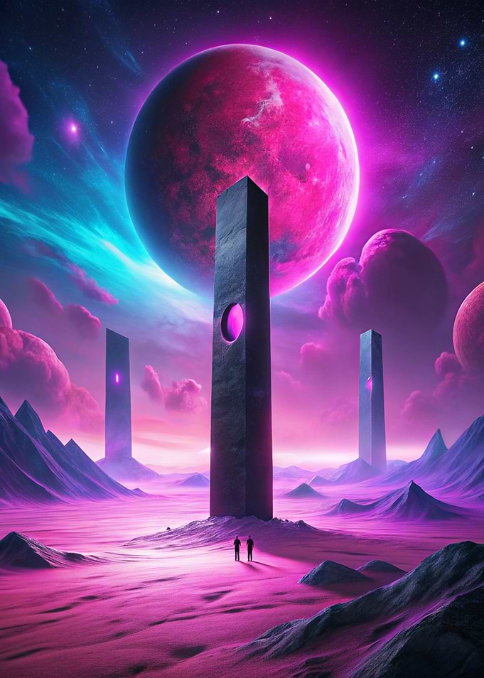 Monoliths on Alien Planet with Pink Moon
